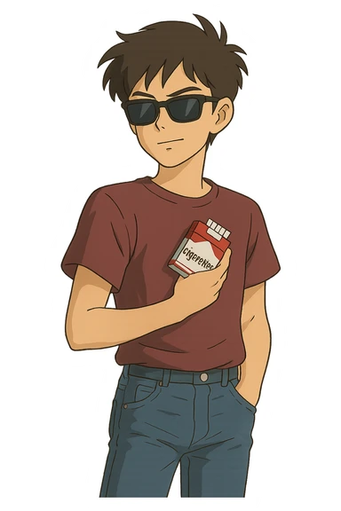 A cool teenager wearing jeans and a t.shirt holding a packet of cigarettes close to his body sticker