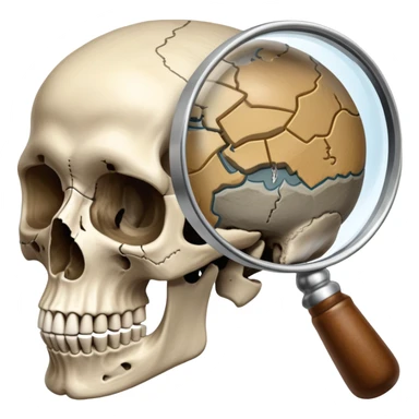 An icon featuring a human skull and fossils, representing anthropology. The design includes a magnifying glass and a map of ancient human migration paths, symbolizing the study of human evolution and cultures. Transparent background highlights the scientific exploration of humanity’s past. sticker