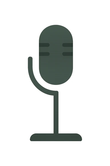 Create a minimalist microphone on a stand with the shape as shown in the reference image. Use a dark green color. The style should resemble iOS emoji style, without any smileys or faces. Transparent background. sticker