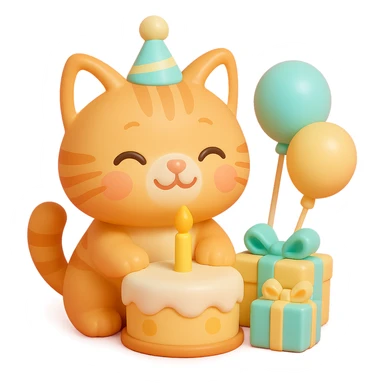 ginger tabby kitten celebrating birthday, wearing a birthday hat, with birthday cake, balloons, happy expression, and gifts sticker