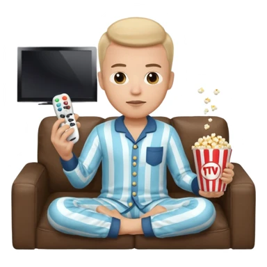 male memoji, in pajamas, sitting on couch, holding TV remote controller, relaxed face, casual home vibe, popcorn bucket on couch sticker