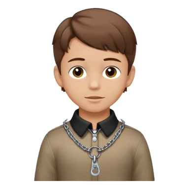 brown-haired boy, young, satisfied look, collar and leash around his neck, minimal bdsm clothing, sticker