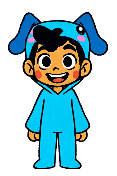 Keep the picture quality and style exactly the same as the original image. Change the character's expression to a happy look, maintaining the same style and details. sticker