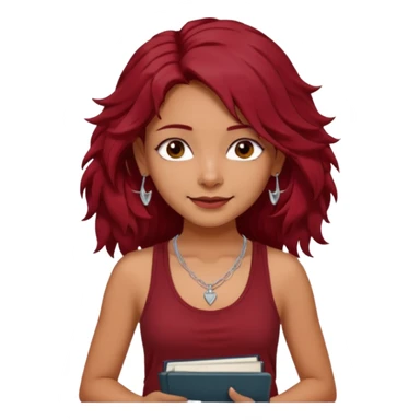 a pretty tan indian bratz girl with messy dark wavyred hair, wearing a dark red tank top, layered silver necklaces. Carrying multiple sketchbooks and pens sticker