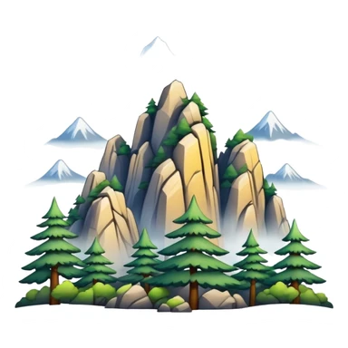 Yellow Mountain Huangshan misty peaks, simplified emoji style with bold outlines and bright colors, cartoon style mountain peaks with pine trees sticker