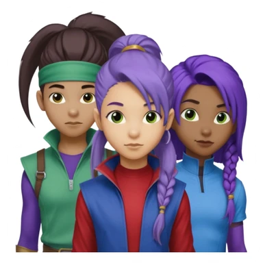 Solo poly platonic relationship, one African girl, one Asian boy, one biracial features Asian tomboy girl rat-tail hair long and upper masculine hair 90s, vampire and marvel cosplay elements inspired  use marvel race, like instead of obvious human, green purple blue etc,  sticker