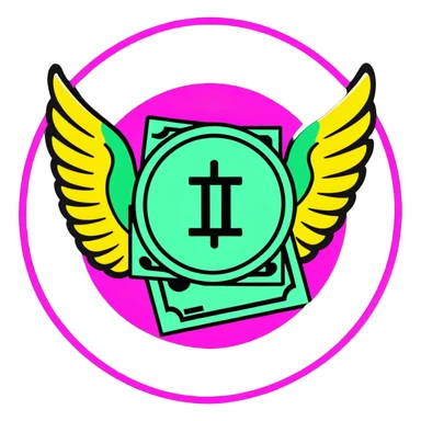 Minimalist sticker with white 'tt' letters on a black circle with cyan, magenta, and yellow dots below, money with wings emoji with street style influence sticker