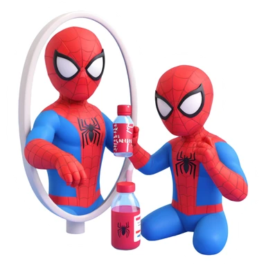 Spiderman holding a bottle of moisturizer, looking in a mirror, fun and casual sticker