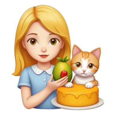 Beautiful girl holding a mango cake and a kitten sticker