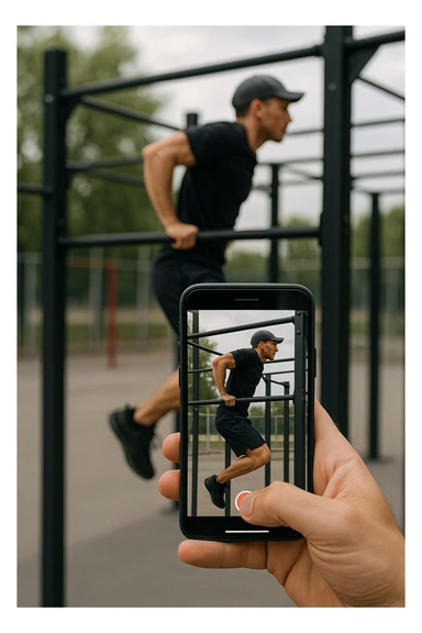 uomo che fa Muscle up e si sta filmando di lato con il telefonino che lo riprende mentre si allena, così da analizzarsi dopo sticker