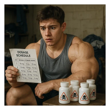 realistic young athlete with disproportionate muscles, surrounded by bottles of drugs with danger symbols, worried expression, dosage chart with obvious errors, messy room background, 4K quality sticker