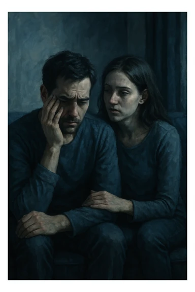 Vertical format: A couple sitting on a sofa, the man immersed in his negative thoughts, the woman seeming to absorb his energy, tense atmosphere, cool colors. sticker