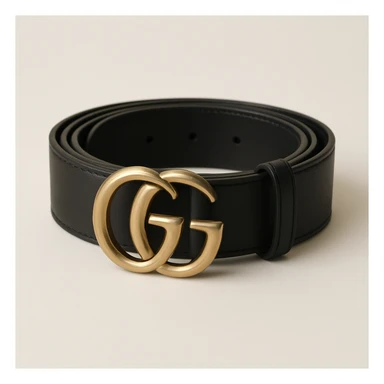 a Gucci belt, coiled with visible GG buckle, black leather, luxury branding, minimalistic style sticker