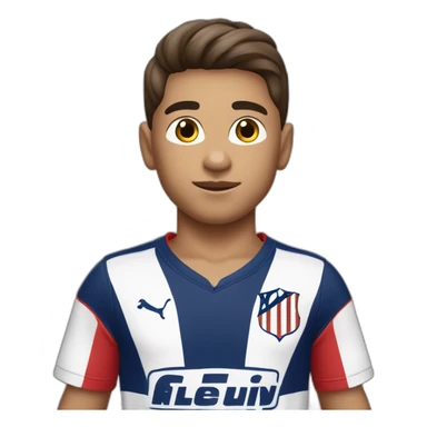 Niño piel blanca de 6 años, pelo marrón liso y corto, ojos marrones  con camiseta del Atlético de Madrid sticker