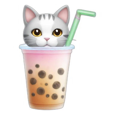 white and Grey cat drinking bubble tea sticker