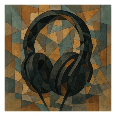 black gothic headphones with fragmented shapes and dark accents, cubist abstraction style sticker