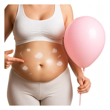 Realistic style edit of the woman identical to the photo with a swollen and protruding abdomen. Add symbols of bloating like small clouds, curved lines, or a glow around the abdomen area. sticker