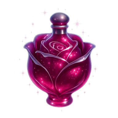 rose-shaped luxurious elixir bottle, deep pink color, iridescent and silver details, very small neck, seamless bottom, transparent background, floating, no base or shadow, modern, matching a collection, extra intense magical glowing and sparkling effects sticker