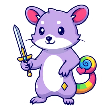A rainbow-colored possum in heroic pose holding a jewel-encrusted sword, with glitter, hearts, and neon colors sticker
