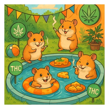 Hamsters celebrating a weed-themed pool party, some holding tiny joints, cheese platters floating in the pool, and THC symbols on decorations, fun and mischievous atmosphere. sticker