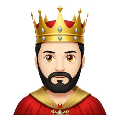 

a yellow king, red eyes, 60 years old, black hair, black beard, wearing a crown, red robe, fierce face emoji
 sticker