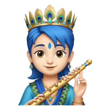 Cute young Krishna emoji, soft blue skin, peacock feather on crown, charming smile, holding a flute, big expressive eyes, round chibi emoji style, divine and joyful look." sticker