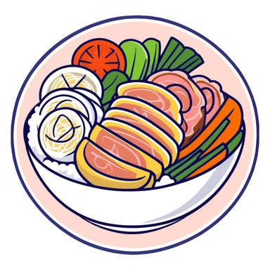 A Vietnamese Bún Thịt Nướng dish with rice noodles, grilled pork, fresh herbs, and vegetables in a bowl sticker