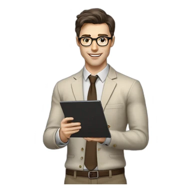 Pale skinned fit man with dark brown hair in gray jacket, beige office shirt, brown tie, brown pants and vintage glasses Writing on the tablet sticker