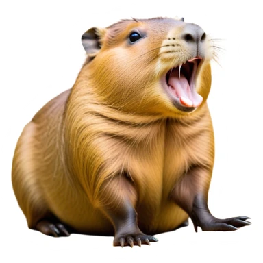 Cinematic Cute Yawning Capybara Portrait Emoji, Head tilted slightly with a dramatic, wide-open yawn, showcasing a plush, rotund body with a gently relaxed capybara face, including a short snout and subtly drooping ears, with drowsy, half-closed eyes rendered in exquisite detail; high shine, relaxed yet expressive, styled with a dash of playful natural charm, soft glowing outline, capturing the essence of a sleepy yet affectionate capybara that appears ready to stretch out for a peaceful nap! sticker