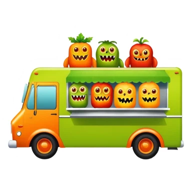 Green foodtruck with monster characters on it in red, orange, yellow sticker