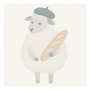 a French sheep with a beret and baguette, watercolor art style sticker
