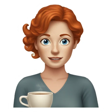 Redhead lady in 30s with freckles at home with coffee with blue eyes sticker