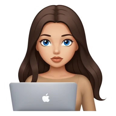 Glamours tanned very beautiful girl with big pump peach lips and dark chocolate straight smooth long hair, blue eyes in brown/beige bodysuit with MacBook sticker