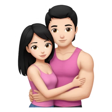 a pretty bratz fair girl. black hair, wearing a pink cami top hugging a handsome fair guy with black hair. lean but muscular who is wearing a black tee sticker