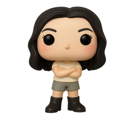Edit the image into a Funko Pop style vinyl figure with realistic details. The figure should have no mouth, cream-colored top, grey bottoms, dark boots, and arms crossed. Add slightly rosy cheeks, very light freckles, and a mischievous and cheerful expression. The figure has dark hair. Remove the background to make it transparent. sticker