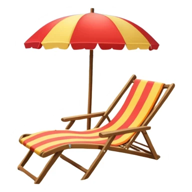 Icon for Beach Tourism: a sunny beach with the sea and waves, a lounge chair, a sun umbrella, and flip-flops on the sandy shore. The background should be a clear, vibrant ocean view with the sun shining brightly. Transparent background. sticker