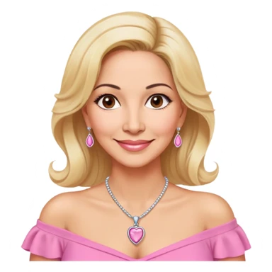 Warm-hearted Linette Torres, Puerto Rican actress in her 50s with light skin, loving expression, gentle eyes, sweet smile, elegant blonde hair, wearing a pink off-shoulder blouse and a pendant necklace sticker
