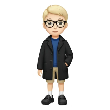 boy with glasses, short height, wearing crocs and a black coat sticker