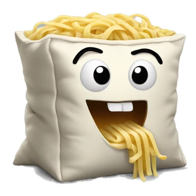 A pillow with a crazy face eats noodles from a box sticker