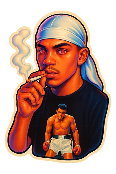 Red eyeds
Smoking
Change His durag To white sticker