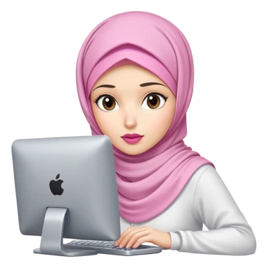 white skin hijab scarf woman working in computer. Her outfit is white, her lips is pink, her expression is focused on computer sticker