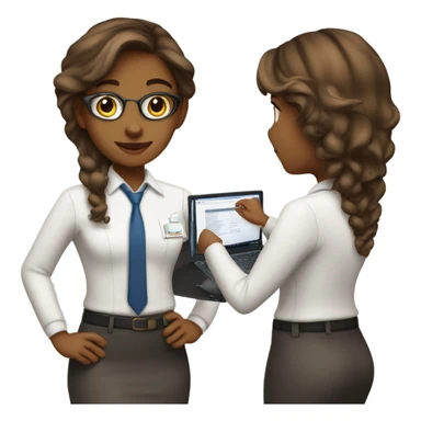 Medium hair Brown girl, computer science intern with a laptop sticker