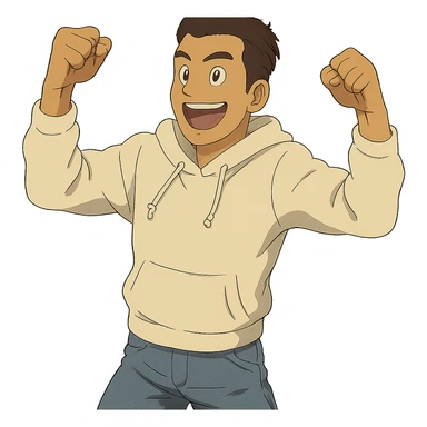 1 male, mid fade haircut dark chestnut brown hair, lighter tan skin, white athletic hoodie sleeves up, faded fashion jeans, red fashion-sneakers shoes, pose from my hero academia:  A portrait showing him saying : "I love that!" sticker