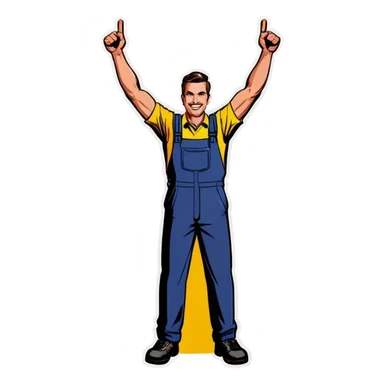 Man holding both arms in the air and holding an electrical cable sticker