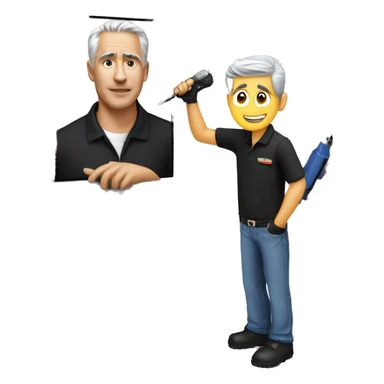 Technician with grey hair wearing a black polo shirt installs a TV onto a white wall of an exhibition Booth using a screwdriver sticker