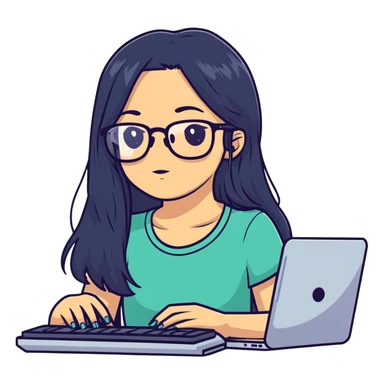 Girl with long black hair, glasses, nostril piercing, and a computer sticker