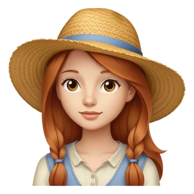 Young lady with light skin, and long sideswept straight light auburn hair, wearing a straw hat sticker