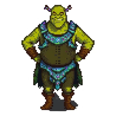 pixel art Shrek, smiling, hands on hips, simple background sticker