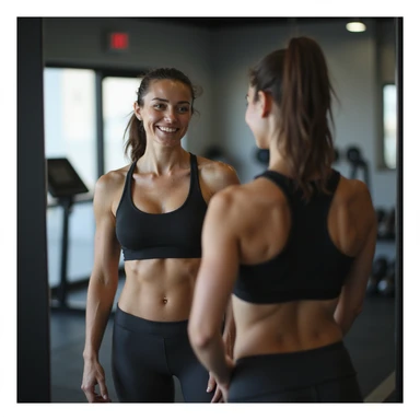 hyperrealistic 4K image of a woman taking a mirror selfie showing her toned abs and proud expression, wearing gym clothes, bright gym environment, detailed fitness progress sticker