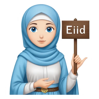 Turkish beautiful finish Konya girl blue eyes with cloudy hijab islamic long tailed dress and had on her hand text Eid Mubarak  sticker